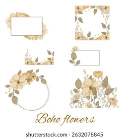 Conjunto de composições florais, arranjadas em coroas, molduras e fundo. Cores neutras, chic shabby, boho. Modelos de casamento, festa, celebração 