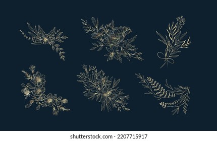 Set of floral compositions. Botanical arrangement of leaves branches and blooming flowers. Vector ornamental herbs in boutonniere and bouquet. Wedding design elements.