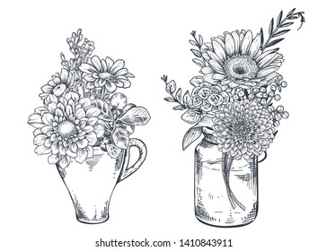 Set of floral compositions. Bouquets with hand drawn flowers and plants in vases and jars. Monochrome vector illustrations in sketch style.