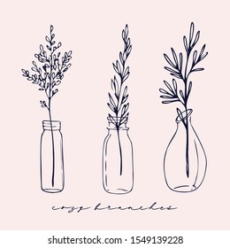 Set of floral compositions. Bouquets with hand drawnbranches in vases and jars. Monochrome vector illustrations in sketch style. Cozy branches