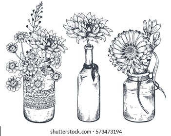 Set of floral compositions. Bouquets with hand drawn flowers and plants in vases and jars. Monochrome vector illustrations in sketch style.