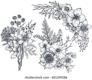 Set of Floral compositions. Bouquets with hand drawn flowers and plants. Monochrome vector illustrations in sketch style. 