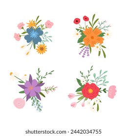 Set von floralen Kompositionen, Cartoon flache Vektor-Illustration isoliert auf weißem Hintergrund. Sammlung von niedlichen handgezeichneten Frühlings- und Sommerblumen. Bunte Sträuße.