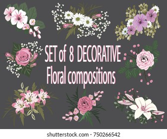 Set of floral compositions. Different flowers, leaves and flowering branches. Plant elements assembled into decorative bouquets. Delicate pink and white shades. Vector illustration.
