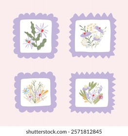 Set of floral compositions featuring wildflowers framed with decorative scalloped and zigzag edges. Isolated botanical designs in pastel tones. Flat vector illustration suitable for greeting cards or