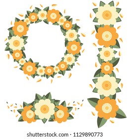 Set of Floral Compositions in Flat Design which Consists of Floral Wreath, Flower Boutonniere and Floral Ornament, and Can Be Used for Wedding Invitations, Greeting Cards, Etc.