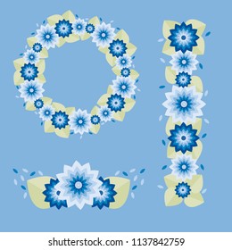 Set of Floral Compositions in Flat Design which Consists of Floral Wreath, Flower Boutonniere and Floral Ornament.