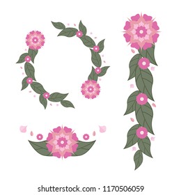 Set of floral compositions in flat design which consists of a wreath, a boutonniere and an ornament.