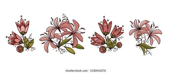 Set of floral compositions. Flowers drawing with line-art, isolated on white background. Eps10 vector set.