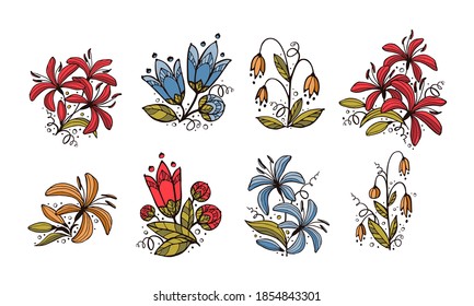 Conjunto de composiciones florales. Dibujo de flores con arte lineal, aislado de fondo blanco. Conjunto de vectores Eps10.