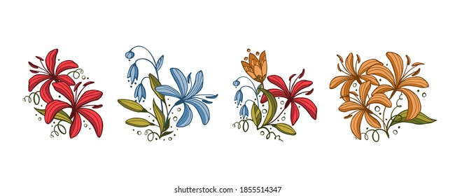 Set of floral compositions. Flowers drawing with line-art, isolated on white background. Eps10 vector set.