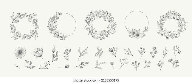 Set of floral compositions of frames. Botanical arrangement of leaves branches and blooming flowers. Vector ornamental herbs in boutonniere and bouquet. Wedding design elements.