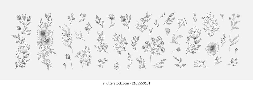 Set of floral compositions of frames. Botanical arrangement of leaves branches and blooming flowers. Vector ornamental herbs in boutonniere and bouquet. Wedding design elements.