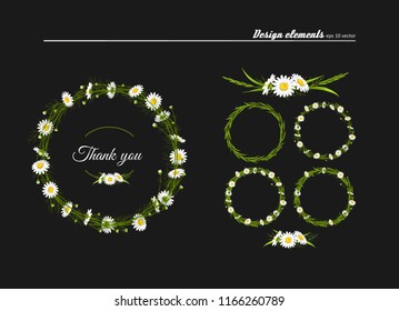 Set of floral compositions - meadow camomiles, green grass. Flower arrangement isolated on black background. For greeting cards, invitation cards and the like. Hand drawn vector illustration.