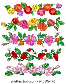 Set of floral compositions in the stained glass style on a white background,flowers without a common it is possible to move