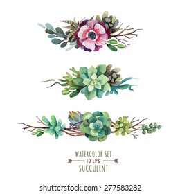 Set of floral compositions in watercolor style. Composition of succulents, flowers and branches. Boutonnieres of succulents. Vintage elements for invitations, greeting cards, covers and other items.