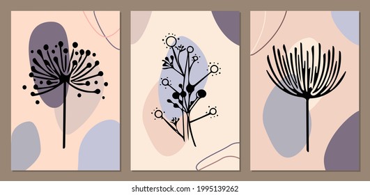 Set of floral continuous Line art with abstract shape in a modern minimal trendy style. Vector illustrations for Beauty Concept, Wall arts, postcard, poster.