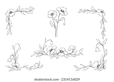 Set of floral corners from poppy flowers. Sketch in lines, freehand drawing. Vector illustration, borders from summer flowers .