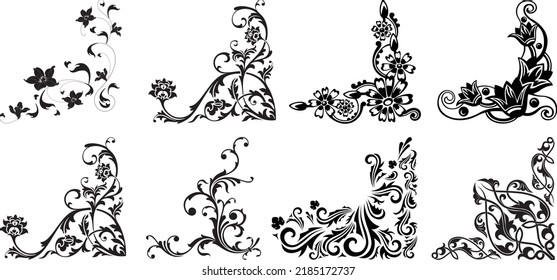 Conjunto de esquinas florales, ornamentos vectoriales.