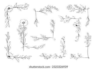 Eine Reihe von Blumenecken aus Wildblumen. Skizze in Linien, Freibord und Zeichnung. Vektorgrafik, Ränder von Sommerblumen.	