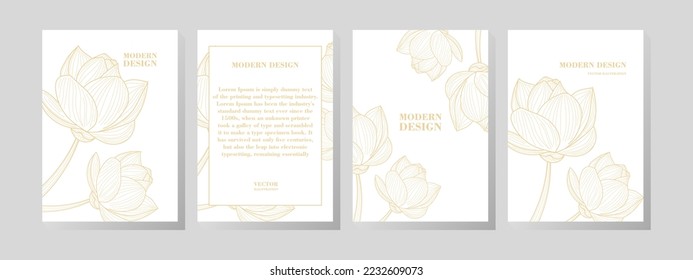 Conjunto de cubierta floral, diseño de marco con patrón de línea dorada. Flor de Lotus de fondo blanco. Fondo vectorial de lujo 