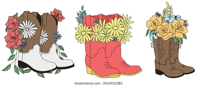 Conjunto de ilustración de botas de vaquero florales. Clásico de botas de vaca