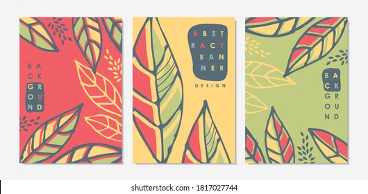 Set of floral creative artistic templates for sale posters, cards, covers, brochures, books, annual reports. Botanical background with leaves and plants. 