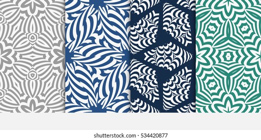 set of floral creative geometric ornament on blue, green, grey background. Seamless vector illustration. For interior design, wallpaper, invitation