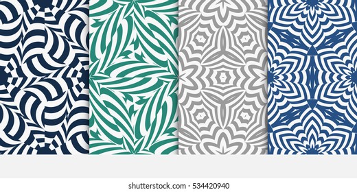 set of floral creative geometric ornament on blue, green, grey background. Seamless vector illustration. For interior design, wallpaper, invitation