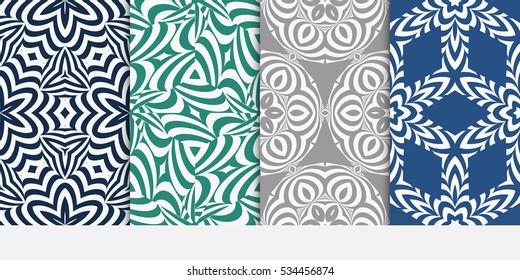 set of floral creative geometric ornament on blue, green, grey background. Seamless vector illustration. For interior design, wallpaper, invitation