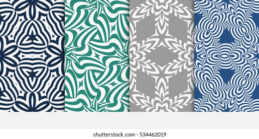 set of floral creative geometric ornament on blue, green, grey background. Seamless vector illustration. For interior design, wallpaper, invitation