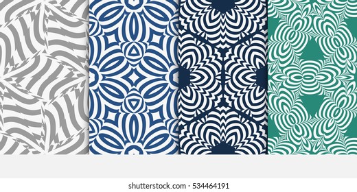 set of floral creative geometric ornament on blue, green, grey background. Seamless vector illustration. For interior design, wallpaper, invitation
