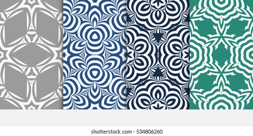 set of floral creative geometric ornament on blue, green, grey background. Seamless vector illustration. For interior design, wallpaper, invitation