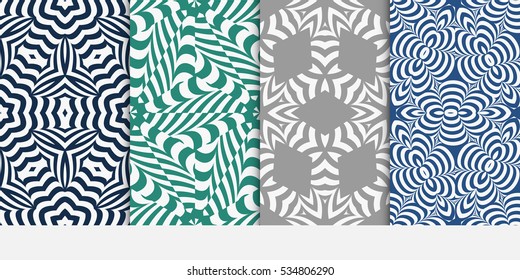 set of floral creative geometric ornament on blue, green, grey background. Seamless vector illustration. For interior design, wallpaper, invitation