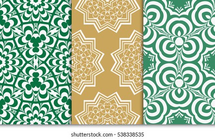 set of floral creative geometric ornament on green, brown background. Seamless vector illustration. For interior design, wallpaper, invitation