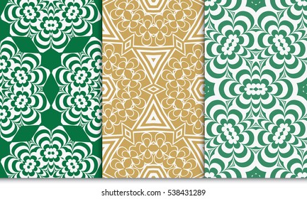set of floral creative geometric ornament on green, brown background. Seamless vector illustration. For interior design, wallpaper, invitation