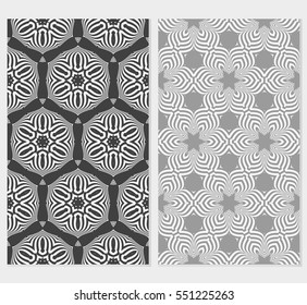 set of floral creative geometric ornament on grey background. Seamless vector illustration. For design, wallpaper, textile industry.