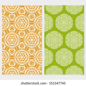 set of floral creative geometric ornament on green, orange background. Seamless vector illustration. For interior design, wallpaper, invitation
