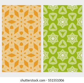 set of floral creative geometric ornament on green, orange background. Seamless vector illustration. For interior design, wallpaper, invitation