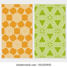 set of floral creative geometric ornament on green, orange background. Seamless vector illustration. For interior design, wallpaper, invitation