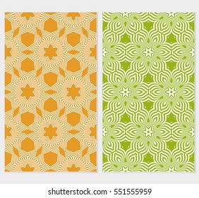 set of floral creative geometric ornament on green, orange background. Seamless vector illustration. For interior design, wallpaper, invitation