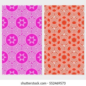 set of floral creative geometric ornament pink, red background. Seamless vector illustration. For interior design, wallpaper, invitation
