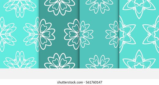 set of floral creative geometric ornament on turquoise color background. Seamless vector illustration. For interior design, wallpaper, invitation