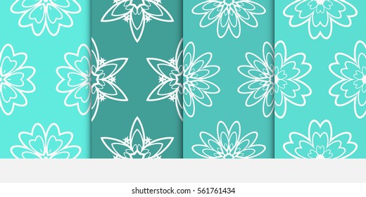 set of floral creative geometric ornament on turquoise color background. Seamless vector illustration. For interior design, wallpaper, invitation