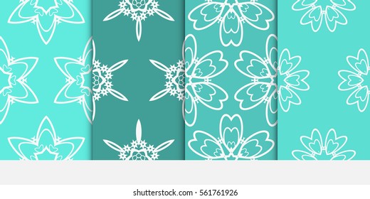 set of floral creative geometric ornament on turquoise color background. Seamless vector illustration. For interior design, wallpaper, invitation