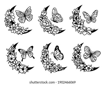 Set of floral crescent moon with butterfly. Collection of silhouettes decorative beautiful flower arrangements with insects. Botany. Vector illustration for trendy t-shirt design.Tattoo.