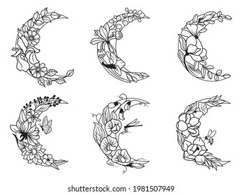 Set of floral crescent moon. Collection of silhouettes decorative beautiful flower arrangements. Botany. Vector illustration for trendy t-shirt design.Tattoo.