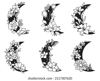 Set of floral crescent moon. Collection of silhouettes decorative beautiful flower arrangements. Botany. Vector illustration for trendy t-shirt design.Tattoo.