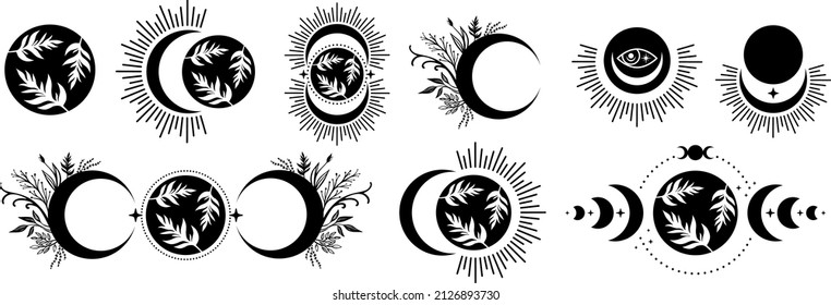 Set of floral crescent moon. Triple moon with botanical elements. Moon phases with floral elements. phases of the moon Bohemian illustration. Vector illustration for trendy t-shirt design. Tattoo