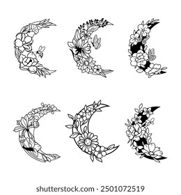 Set of floral crescent moon vector art illustration.